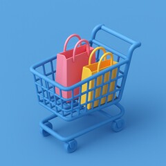 Blue shopping cart with colorful shopping bags inside