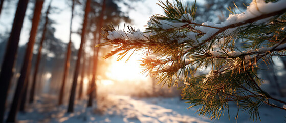 Snow-covered forest at sunrise, golden light filtering through pine trees, serene winter mood, blurred background, with copy space
