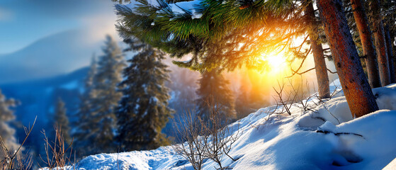 Snow-covered forest at sunrise, golden light filtering through pine trees, serene winter mood, blurred background, with copy space