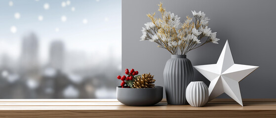 Modern minimalist home with geometric Christmas decor and neutral tones, blurred background, with copy space