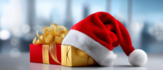 Santa’s red hat resting on gift box with golden ribbon, close-up shot, blurred background, with copy space
