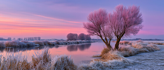Frosty morning landscape with pink dawn light, tranquil feeling, blurred background, with copy space