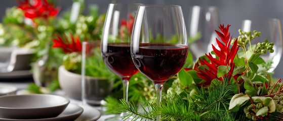Festive table with red wine and fresh greenery centerpiece, classic elegance, blurred background, with copy space