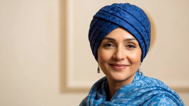 Portrait of a confident Sikh woman in a blue turban smiling at the camera. Elegant South Asian person expressing cultural identity and faith. Close-up with copy space for text