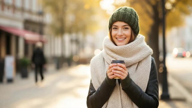 A smiling young woman holding a cup of coffee on a sunny autumn city street. Portrait of a happy person in cozy winter clothes. Urban lifestyle concept