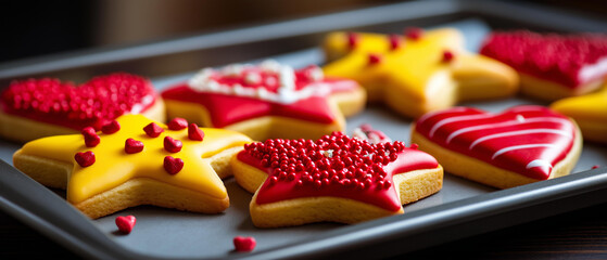 Christmas cookies shaped as stars and hearts on baking tray, top view, blurred background, with copy space