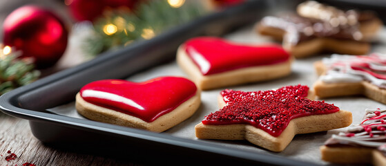 Christmas cookies shaped as stars and hearts on baking tray, top view, blurred background, with copy space