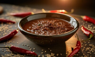 Dark bowl of spicy, textured sauce surrounded by red chili peppers and sesame seeds