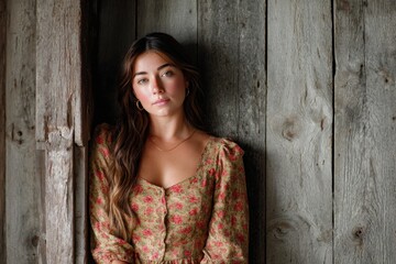 Fototapeta premium Rustic fashion image of a model with long hair posing in a vintage floral dress against a weathered wooden backdrop, showcasing natural beauty and style