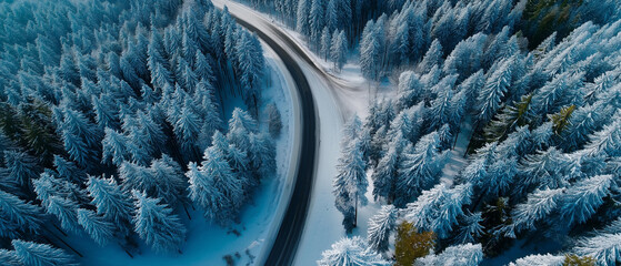 Winter forest road seen from above, snow-covered trees forming patterns, aerial cinematic look, blurred background, with copy space