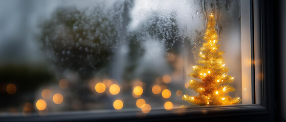 Christmas tree lights viewed through frosty glass window, bokeh charm, blurred background, with copy space