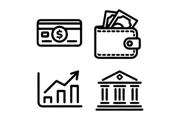 Financial icons representing credit card wallet growth chart and bank building