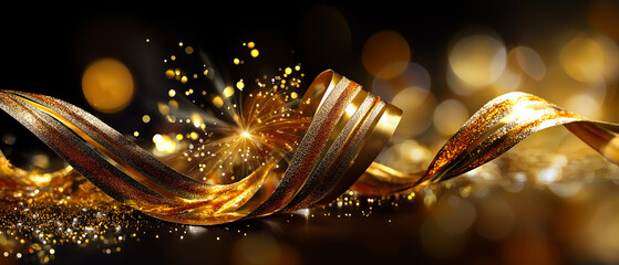 Dark luxury background with golden ribbon curl and sparkle, elegant composition, blurred background, with copy space