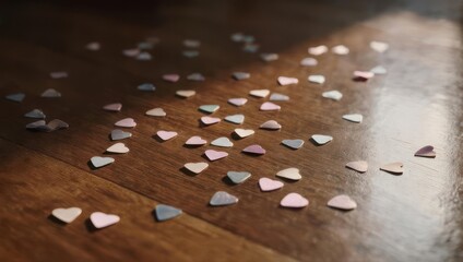 Scattered guitar picks on a wooden floor under sunlight.