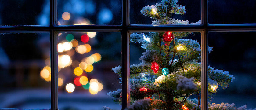 Christmas tree lights viewed through frosty glass window, bokeh charm, blurred background, with copy space