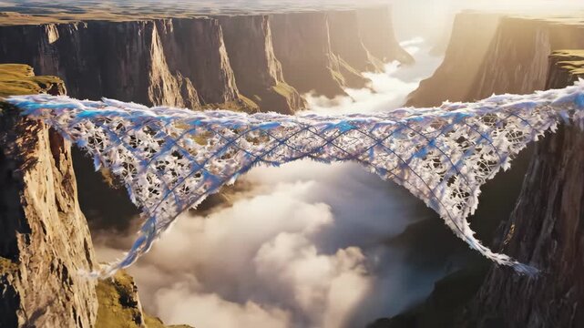Dynamic Flight of a Luminous, Iridescent Feather Soaring Over a Grand Canyon at Dawn