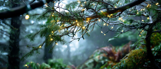 Forest covered in mist with faint Christmas lights between trees, atmospheric depth, blurred background, with copy space