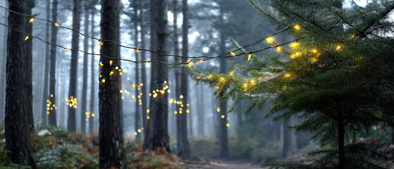 Forest covered in mist with faint Christmas lights between trees, atmospheric depth, blurred background, with copy space