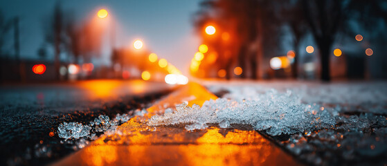 Snowflakes illuminated by streetlights at night, poetic stillness, blurred background, with copy space