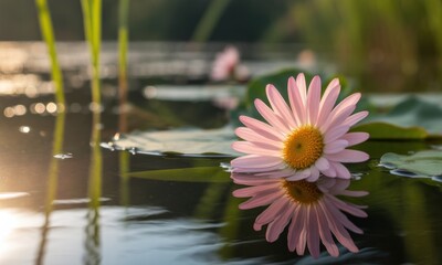 Delicate pink flower, reflected on still water, surrounded by lily pads. Sunlight highlights the scene