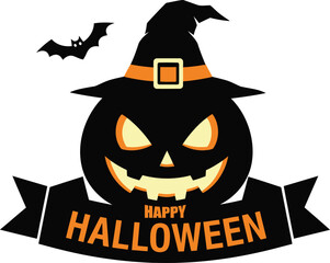 Halloween pumpkin and bats, Halloween Greeting Banner Silhouette Vector Simple Flat Black Design on White Background, Modern Clean Style