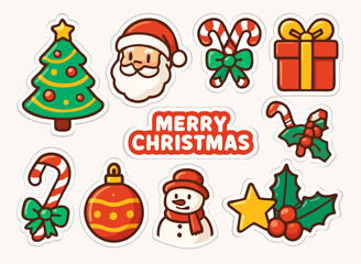 Festive Christmas sticker set featuring Santa, snowman, tree, gifts, candy canes, ornaments, holly, and 'Merry Christmas' text.