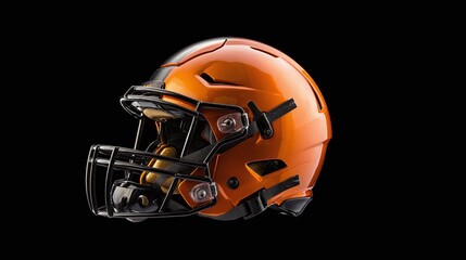 Fototapeta premium The orange helmet on a black background stands as a symbol of the spirit and protection of sport. It embodies the energy and focus required of a player on the field.