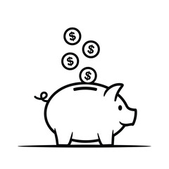 Simple hand drawn illustration of a piggy bank with coins falling in