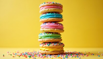 Towering stack of colorful cookies with cream frosting and sprinkles. Sweet dessert piled high on bright yellow background. Many small candies scattered around treat.