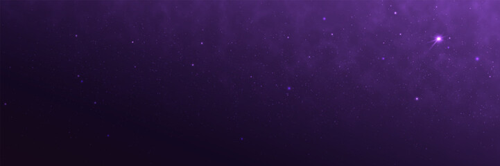 Purple galaxy background. Bright starry nebula. Glowing outer space wallpaper. Magic cosmos clouds with stardust. Wide universe texture. Cosmic violet glow. Vector illustration. © Vegorus