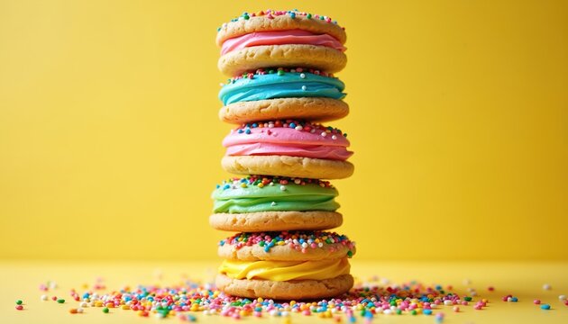 Towering stack of colorful cookies with cream frosting and sprinkles. Sweet dessert piled high on bright yellow background. Many small candies scattered around treat.