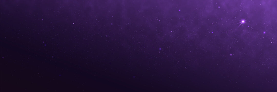 Purple galaxy background. Bright starry nebula. Glowing outer space wallpaper. Magic cosmos clouds with stardust. Wide universe texture. Cosmic violet glow. Vector illustration.