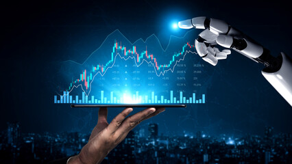 A robotic hand reaches out toward a glowing digital stock market graph displayed on a tablet, representing the fusion of finance and technology in a modern cityscape. Scalp