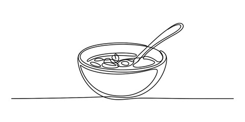 Minimalist continuous line drawing of a bowl of soup with a spoon vector