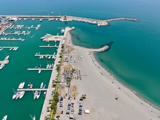 Playa Sotogrande beach directly at the marina of Sotogrande with many boats and yachts, San Roque, Torreguadiaro, Costa del Sol, C&aacute;diz, Andalusia, Malaga, Spain