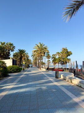 promenade with palms, restaurants and beach at the coast of San Pedro de Alc&aacute;ntara in beautiful evening light, Malaga, Costa del Sol, Andalusia, Spain