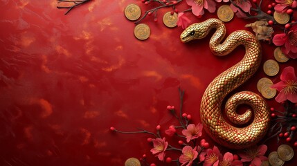 Obraz premium Stylish red and gold background with coiled snake illustration Chinese coins and cherry blossoms for festive New Year design