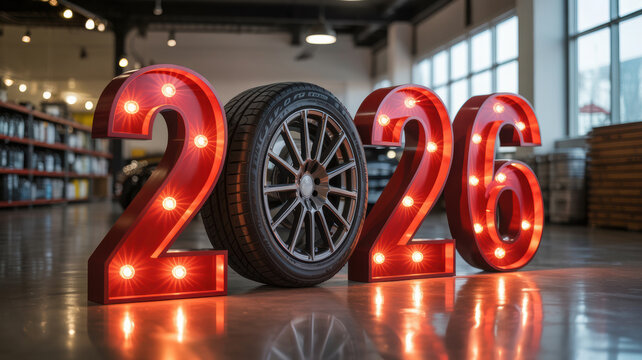 Bright red illuminated marquee numbers forming 2026 with a car tire replacing the zero symbolizing automotive future or new year