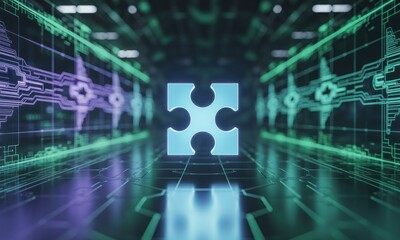 Futuristic tech tunnel with a glowing puzzle piece in the center, surrounded by circuits