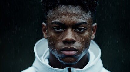 A young man stares intensely ahead while standing outside during a light rainfall, wearing a white hooded jacket.