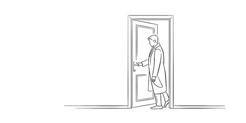 Minimalist continuous line drawing of a figure opening a door in a simple line art style vector