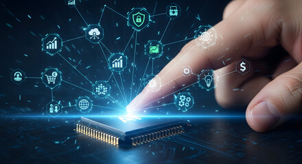 Futuristic technology concept finger touches glowing digital circuit board with abstract data elements
