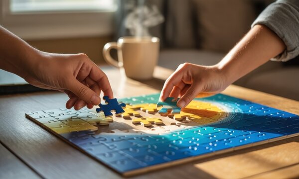 Hands place puzzle pieces together on wooden table near steaming mug. Soft sunlight streams