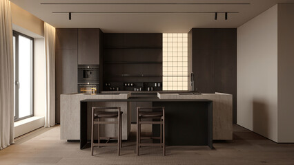 Contemporary kitchen render with marble island, bar stools, and large windows in minimalist neutral space.