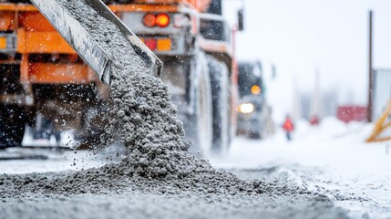 Pouring concrete in winter conditions, construction site with trucks and snow, cold weather infrastructure project. Ground level view, close up of pouring concrete.
