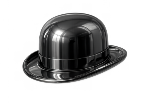 Black shiny bowler hat symbolizing classic fashion and vintage style, transparent background - Powered by Adobe