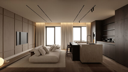 Open-plan living room and kitchen with large sofa, marble island, and neutral beige modern design.