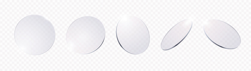 Glass circles. Transparent realistic round lenses with glossy mirror reflection in different angles. Clean glass plates, optical elements. 3D disks vector isolated set.