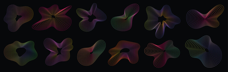 Amorphous shapes. Abstract neon dynamic shape, 3d line wave pattern, radial technology ripple texture. Music pulse color fluid gradient. Digital sound flow visual effect. Vector set.
