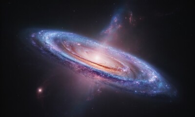 Fototapeta premium Majestic spiral galaxy with swirling arms of blue and pink, surrounded by dark space
